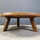 Large tripod round wooden brutalist coffee table, 1960s