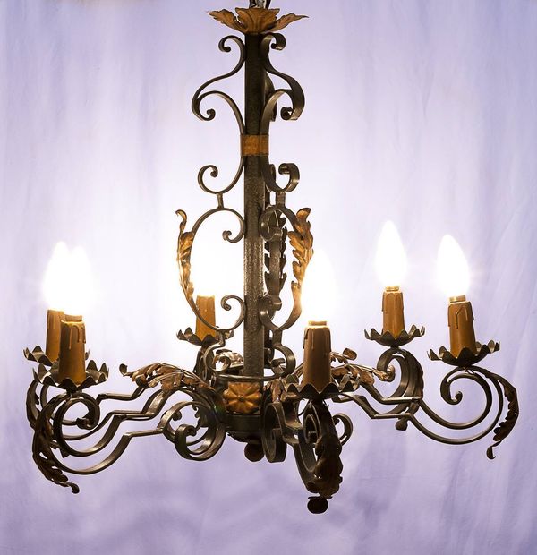 Ensemble grand lustre et 2 appliques, Poillerat, 1950