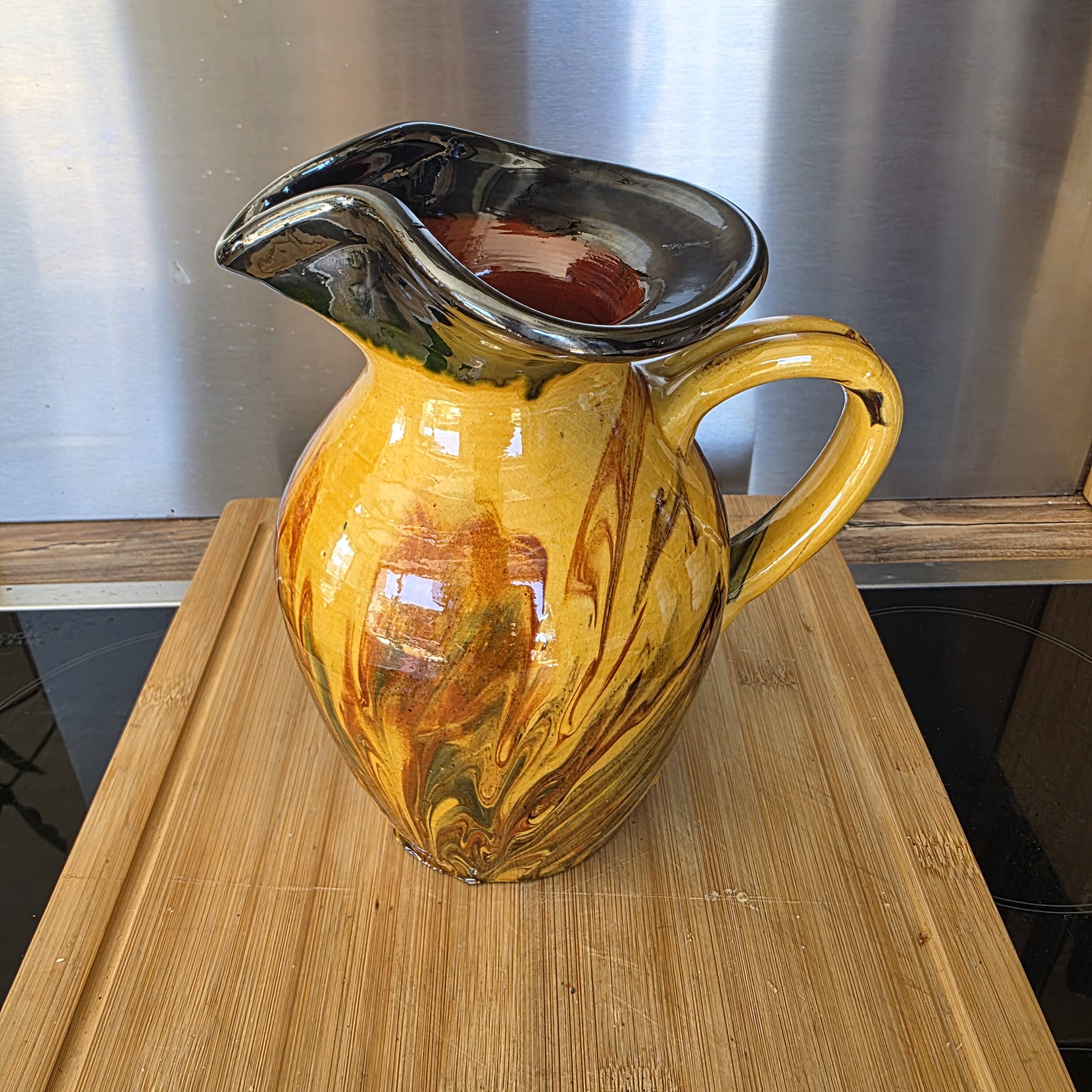 Large speckled vintage pitcher 21cm mixed clay enamelled in the Vallauris style