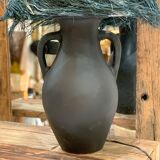 Black terracotta lamp and blue raffia lampshade