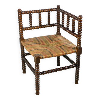 Chaise bobine d'angle paille multicolore, fin XIXe, France