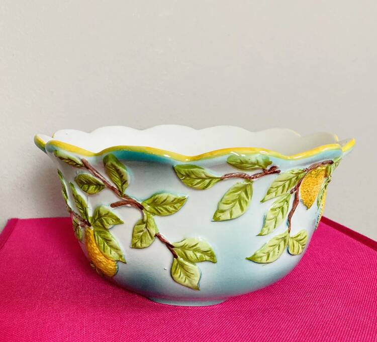 Ceramic cup decorated with lemons in relief, artist GV, 20th century