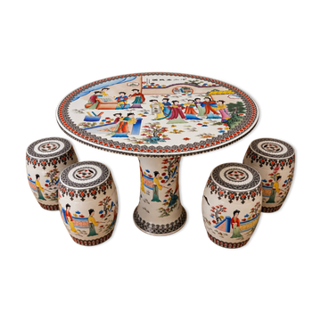 Vintage Chinese dining table with 4 ceramic seats (Oriental)