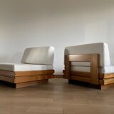Pair of solid elm low chairs from Maison Regain, 1960