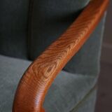 Danish Art Deco, set of 3 oak armchairs, reupholstered in green mohair, 1930s.