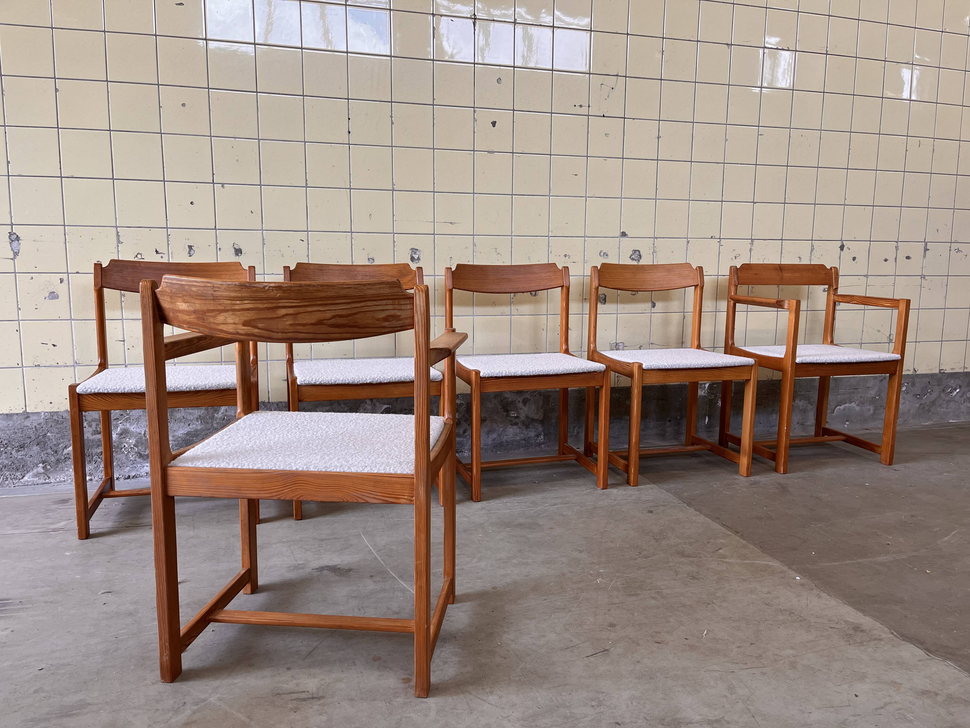 Set of six brutalist dining chairs in pine