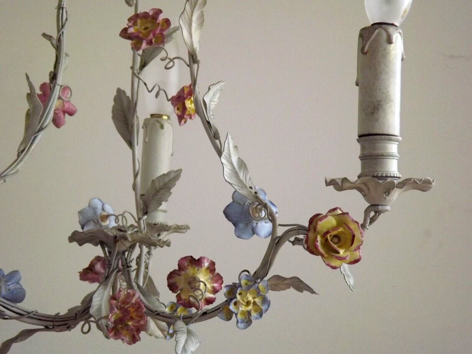 Italian tole ware 3 light cage chandelier with porcelain flowers