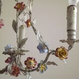 Italian tole ware 3 light cage chandelier with porcelain flowers