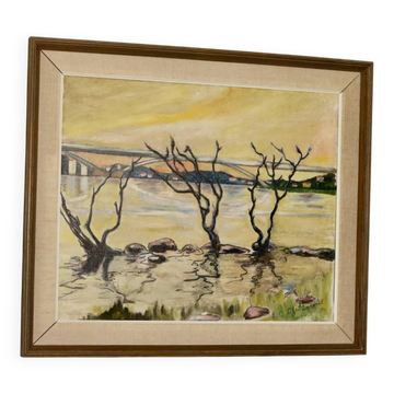 Peinture à l'huile sur toile suédoise originale « Côté eau »