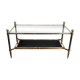 Brass coffee table with a black leather top and golden edges from Maison Jansen.