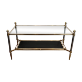Table basse en laiton et plateau en cuir noir de la Maison Jansen