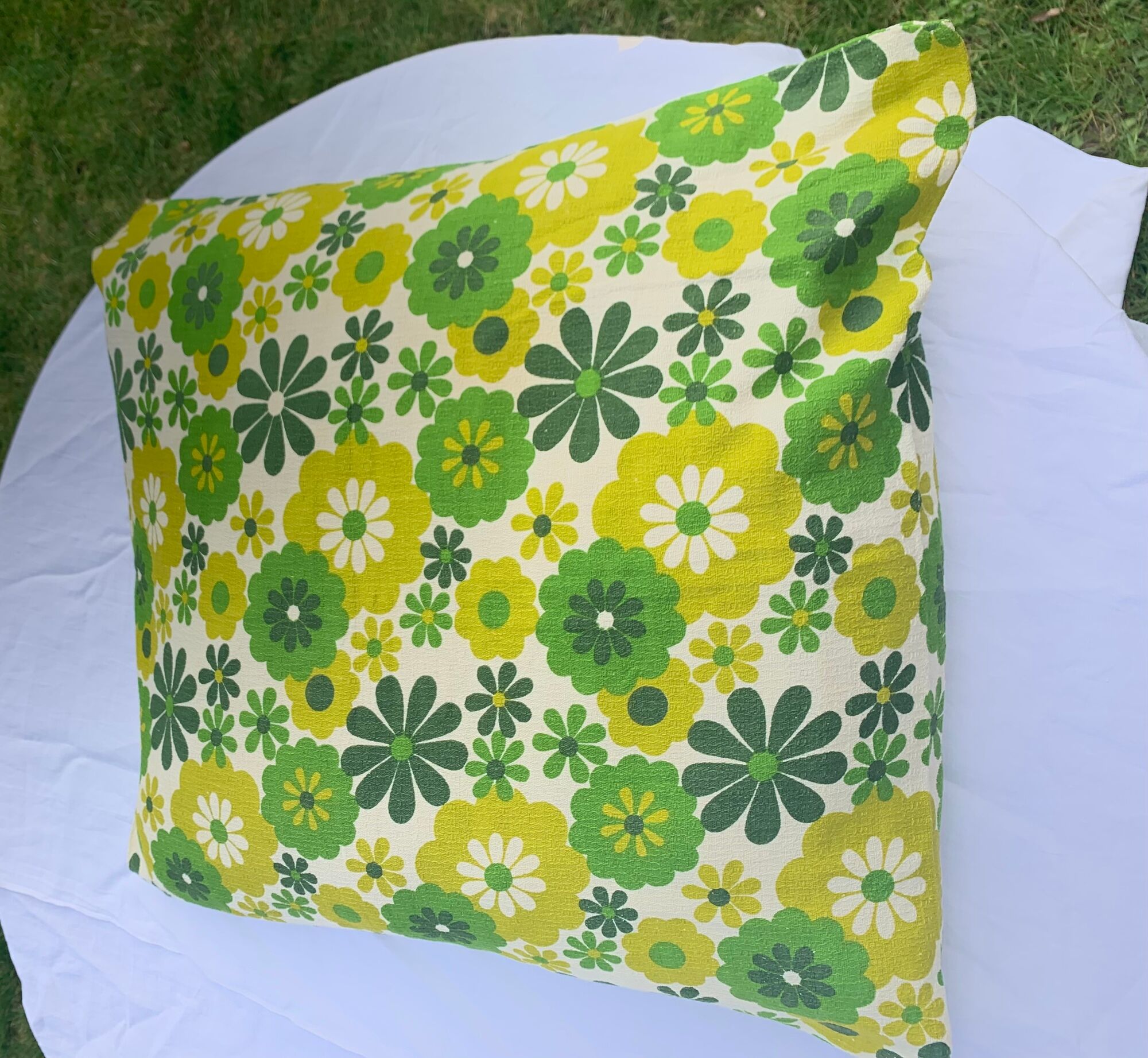 Cushion cover, green lotus flowers, vintage 1970