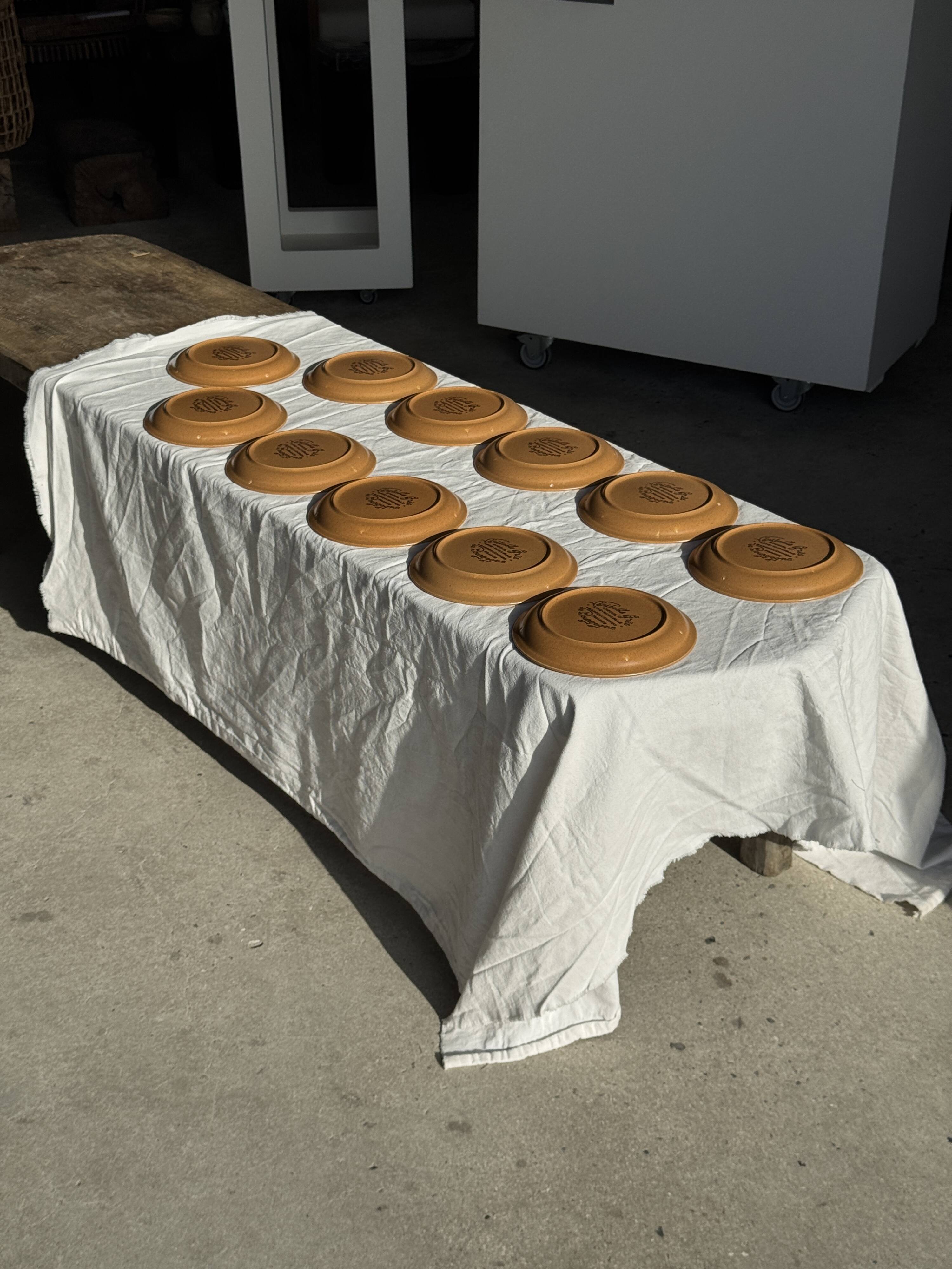 Set of 11 small dessert plates in brown-striped stoneware from Sarreguemines.