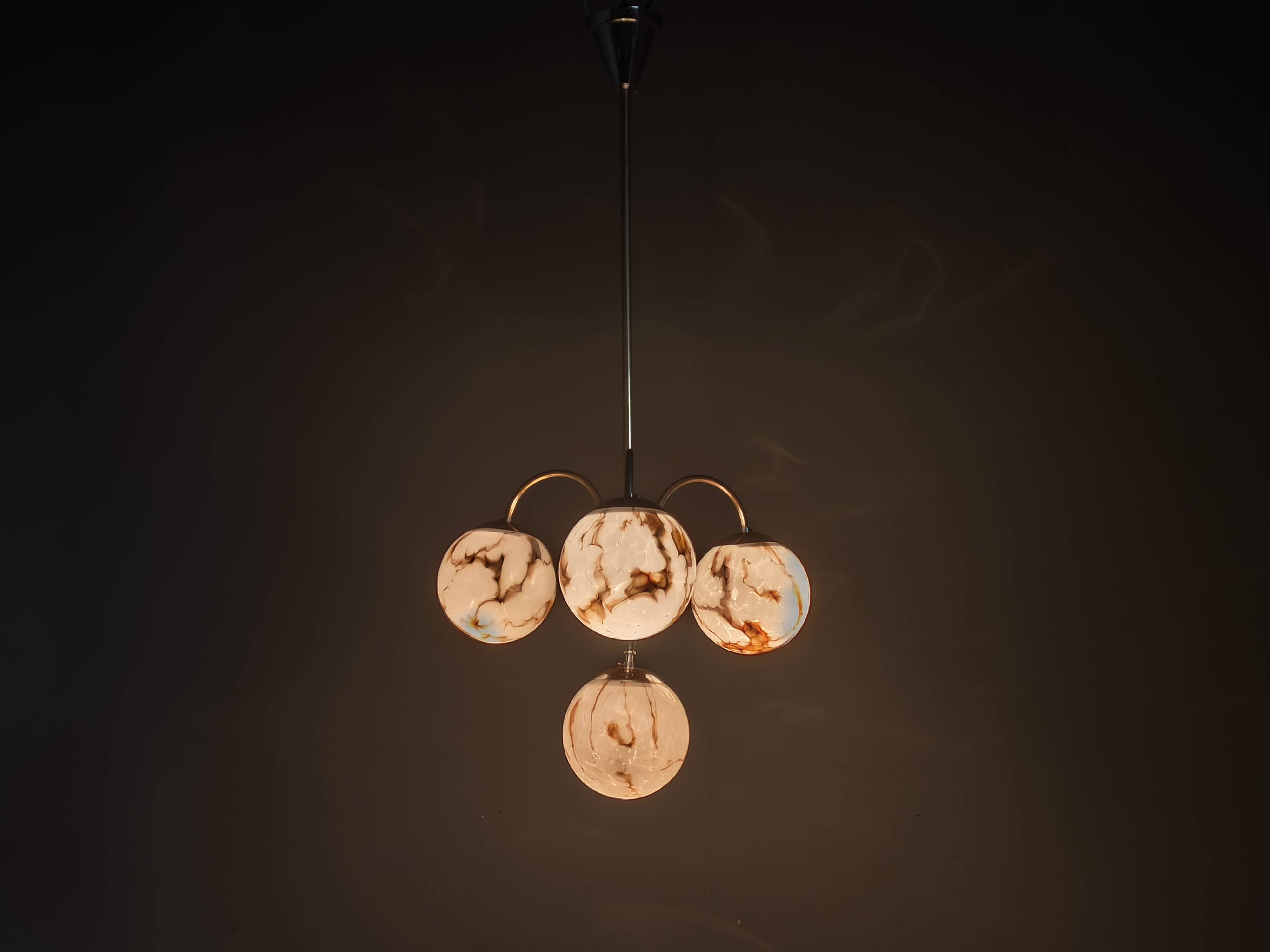 Art Deco Chandelier, Marble Glass, Brass & Chrome, 1930s