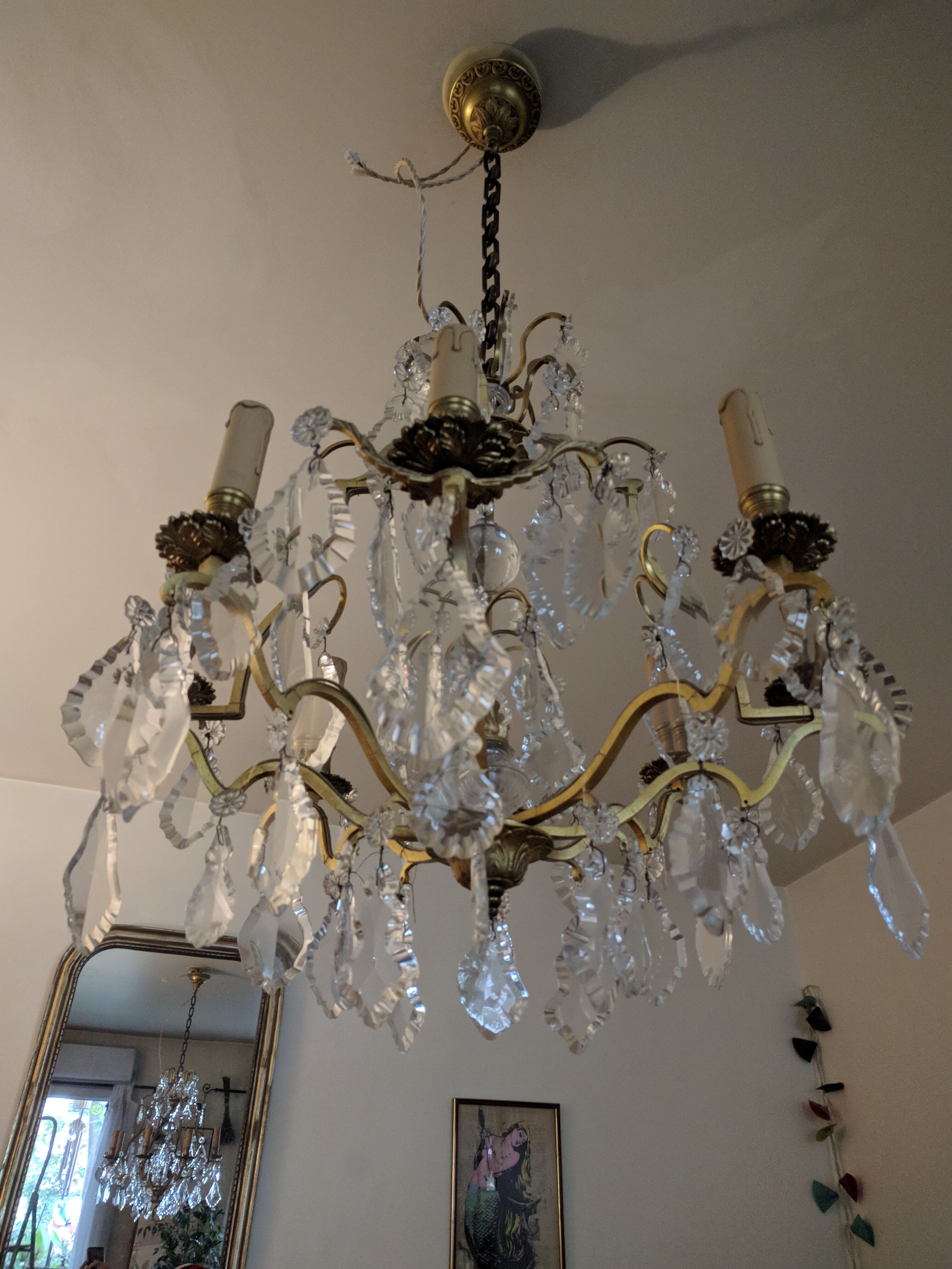 Old chandelier 8 branches bronze and Bohemian crystal late nineteenth