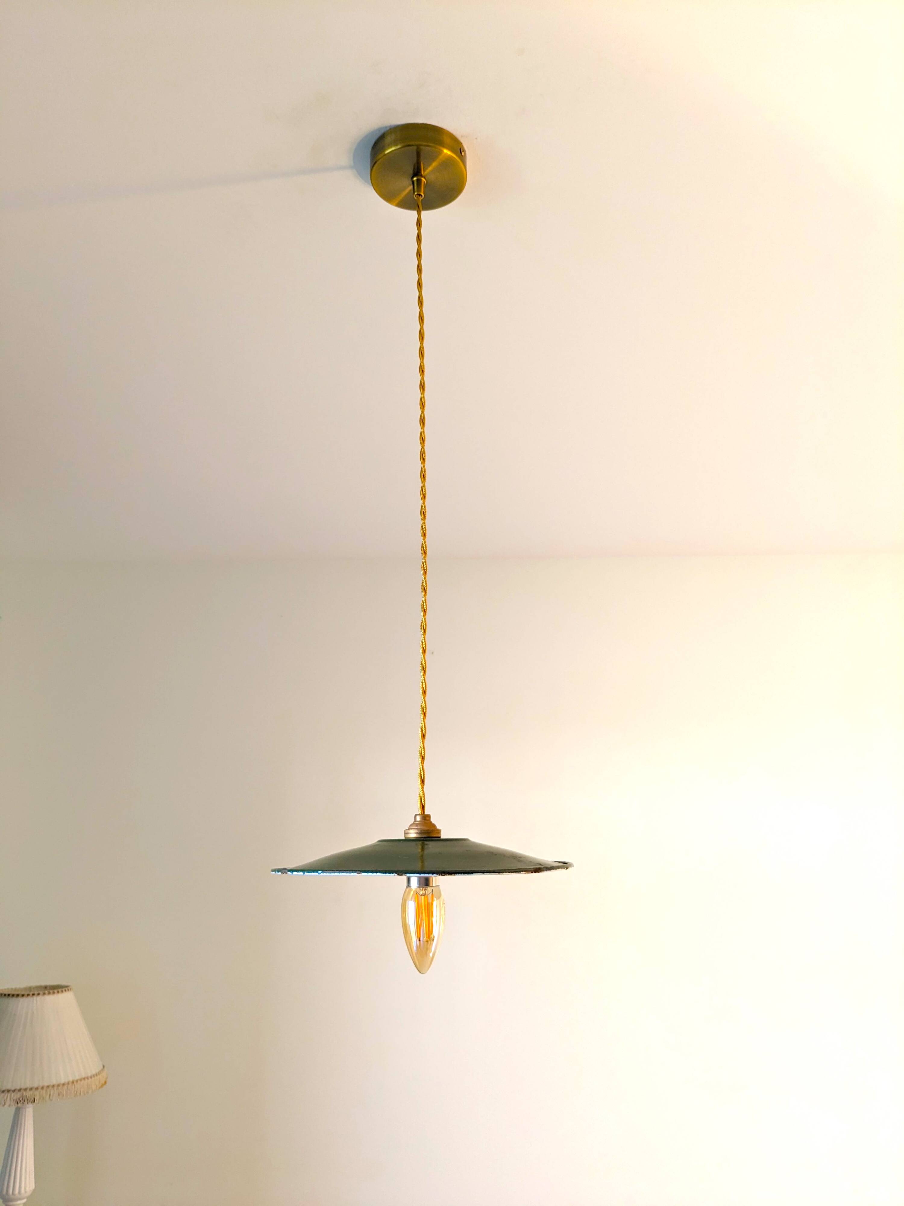 Vintage industrial pendant light in green enamelled sheet metal