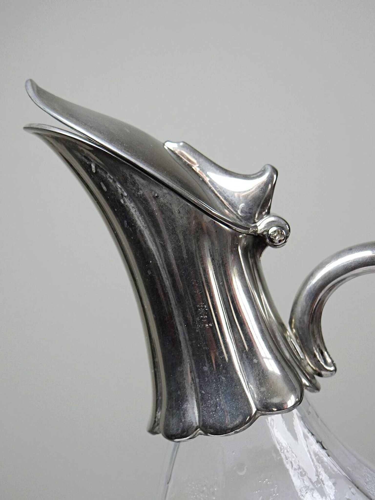 Vintage glass and silver-plated metal jug, modernist pitcher/carafe from 1950-1970.