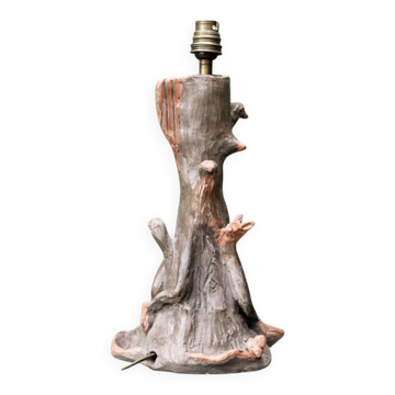 Pied de lampe en terre cuite sculptée d'oiseaux, signé