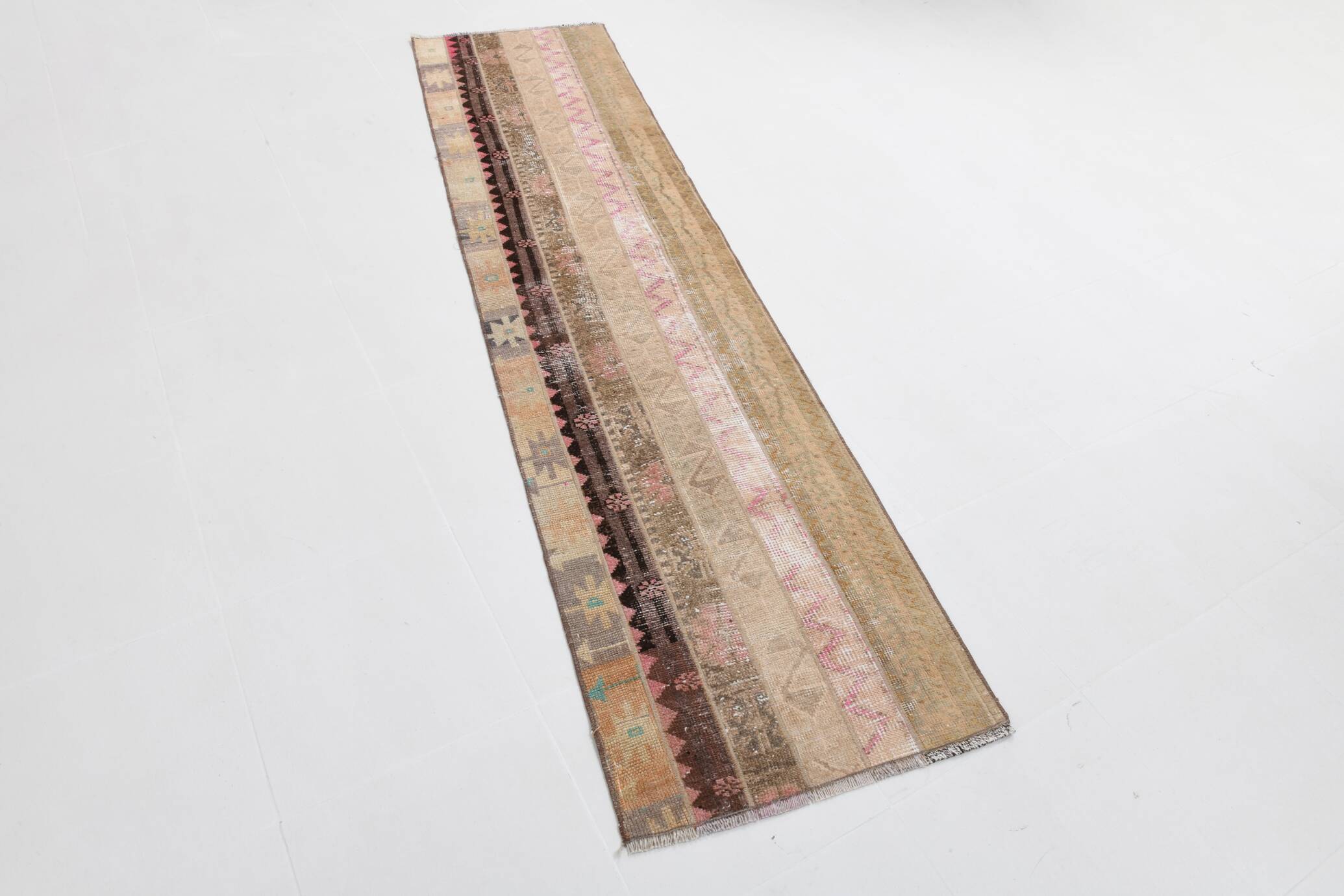 2x9 Brown Cream Persian Vintage Runner Rug, 65x265Cm