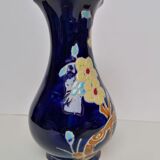 Vase grès émaillé japonisant fleurs fond bleu