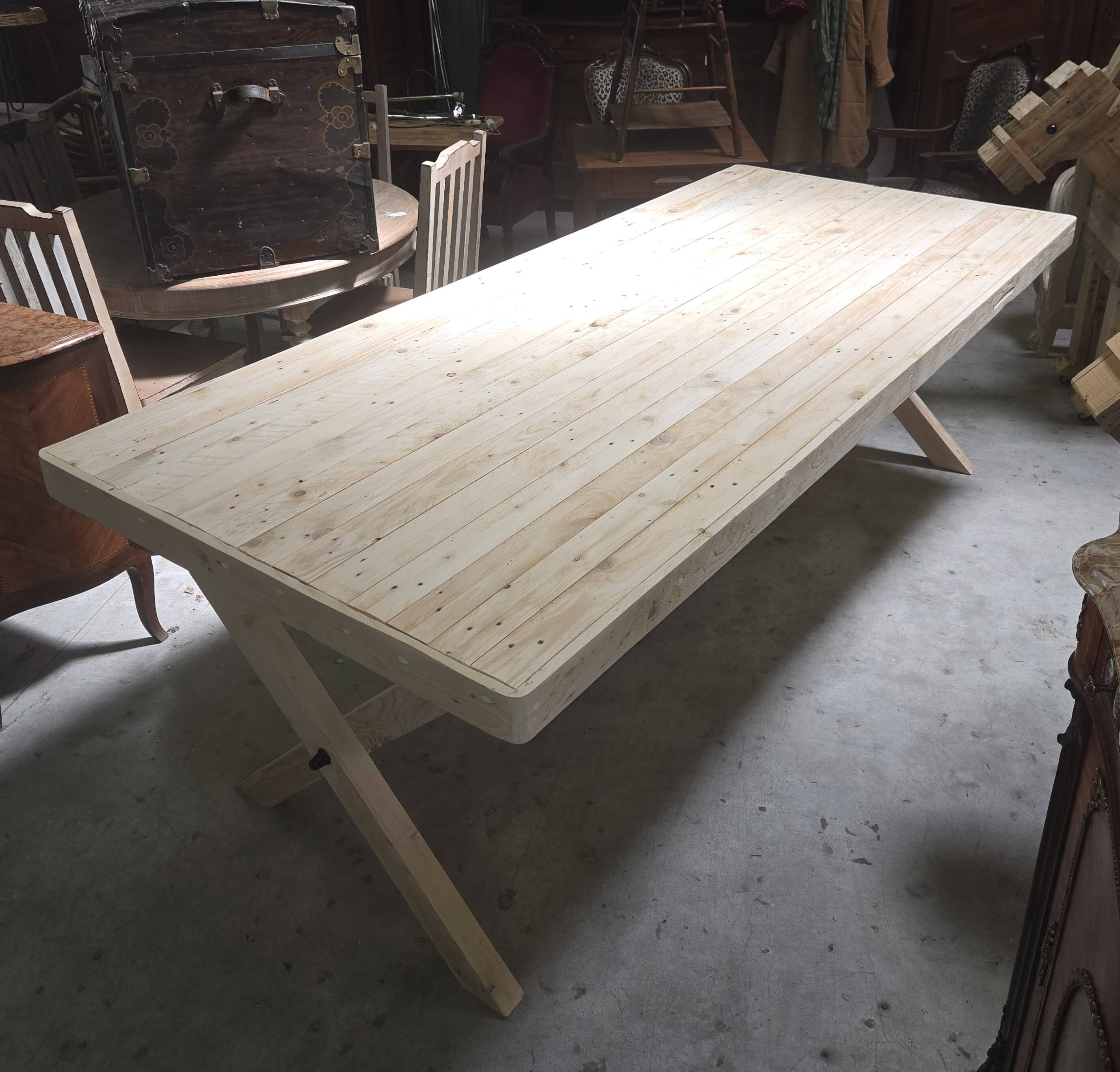 Very large industrial design table / sandblasted solid wood / L 242 cm