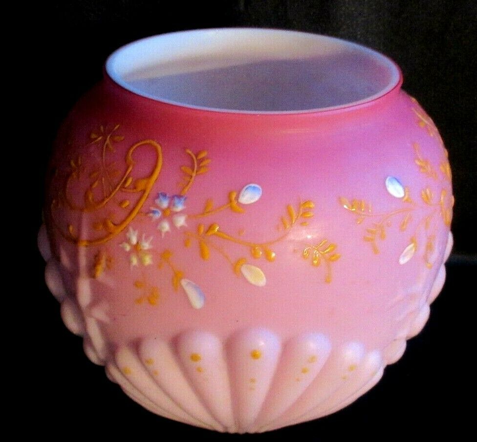 Art deco ball vase in pink opaline enamelled with flowers, 4 shells in relief
