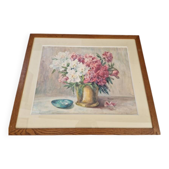Luise Thomassin (décédée en 1960) - Importante aquarelle sur papier - "Vase de pivoines" - Signée