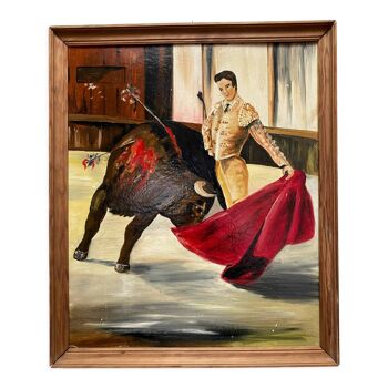 Oil on panel matador bullfighter and bull