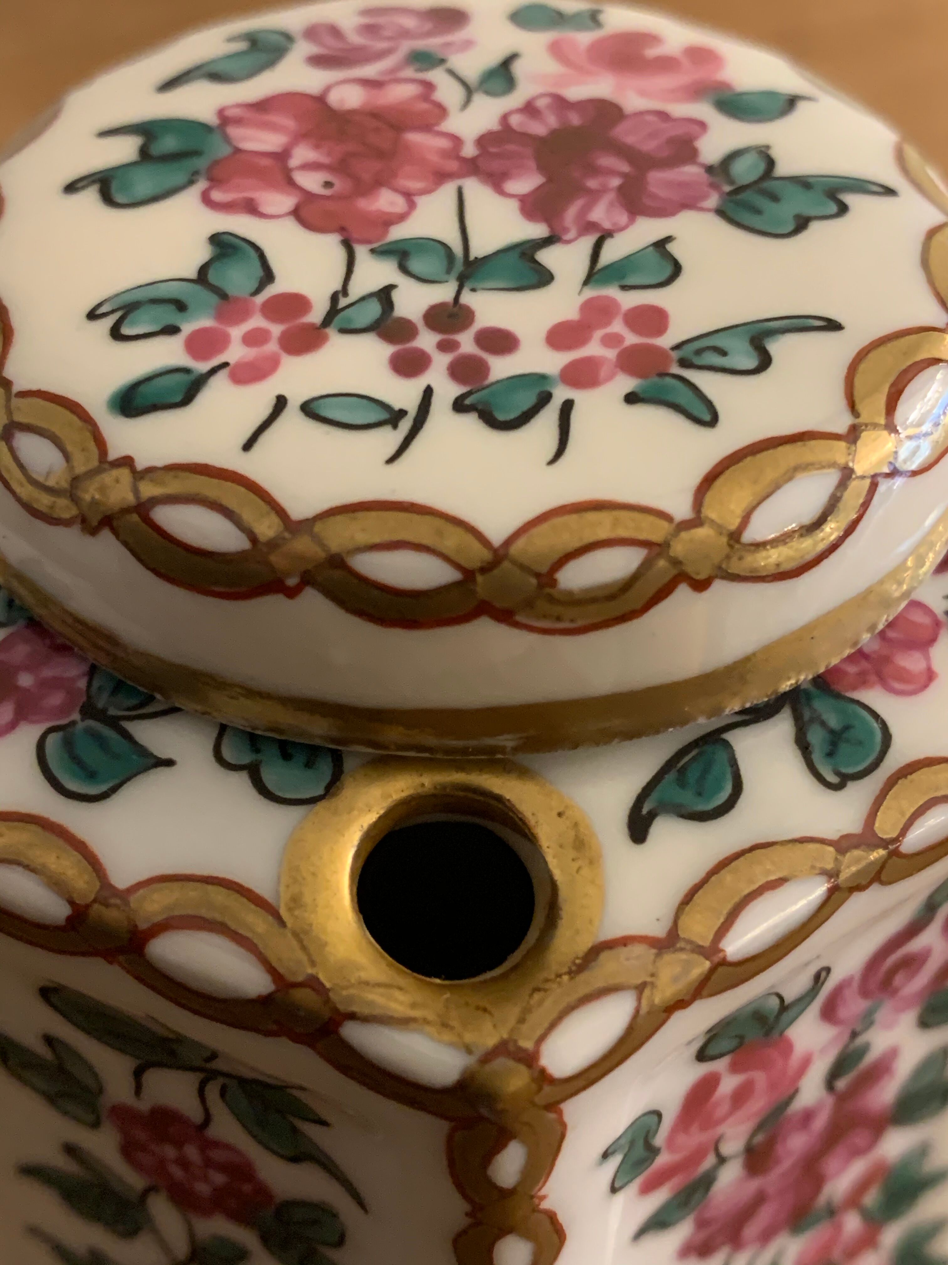 20th century polychrome porcelain inkwell floral decoration