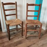 St of 2 raw wood and straw chairs