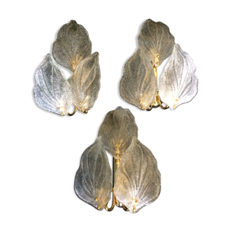 Set of 3 Murano glass "leaf" wall lights in blown glass from the 70s