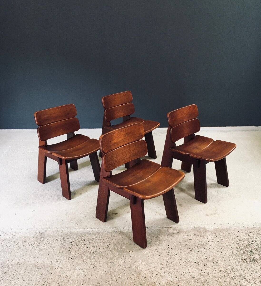 Constructivist Oak Dining Chairs, Belgium, 1960s, Set of 4