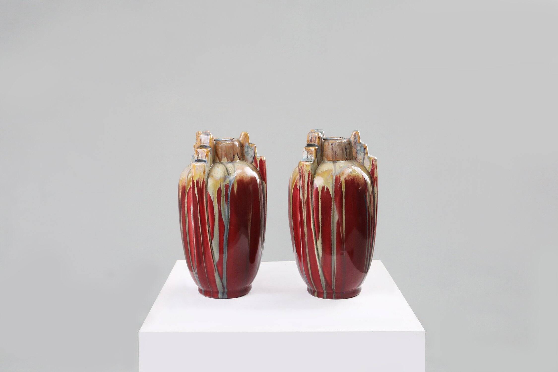 Pair of Sculptural Art Deco Glazed Ceramic Vases, Belgium 1930s