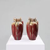 Pair of Sculptural Art Deco Glazed Ceramic Vases, Belgium 1930s