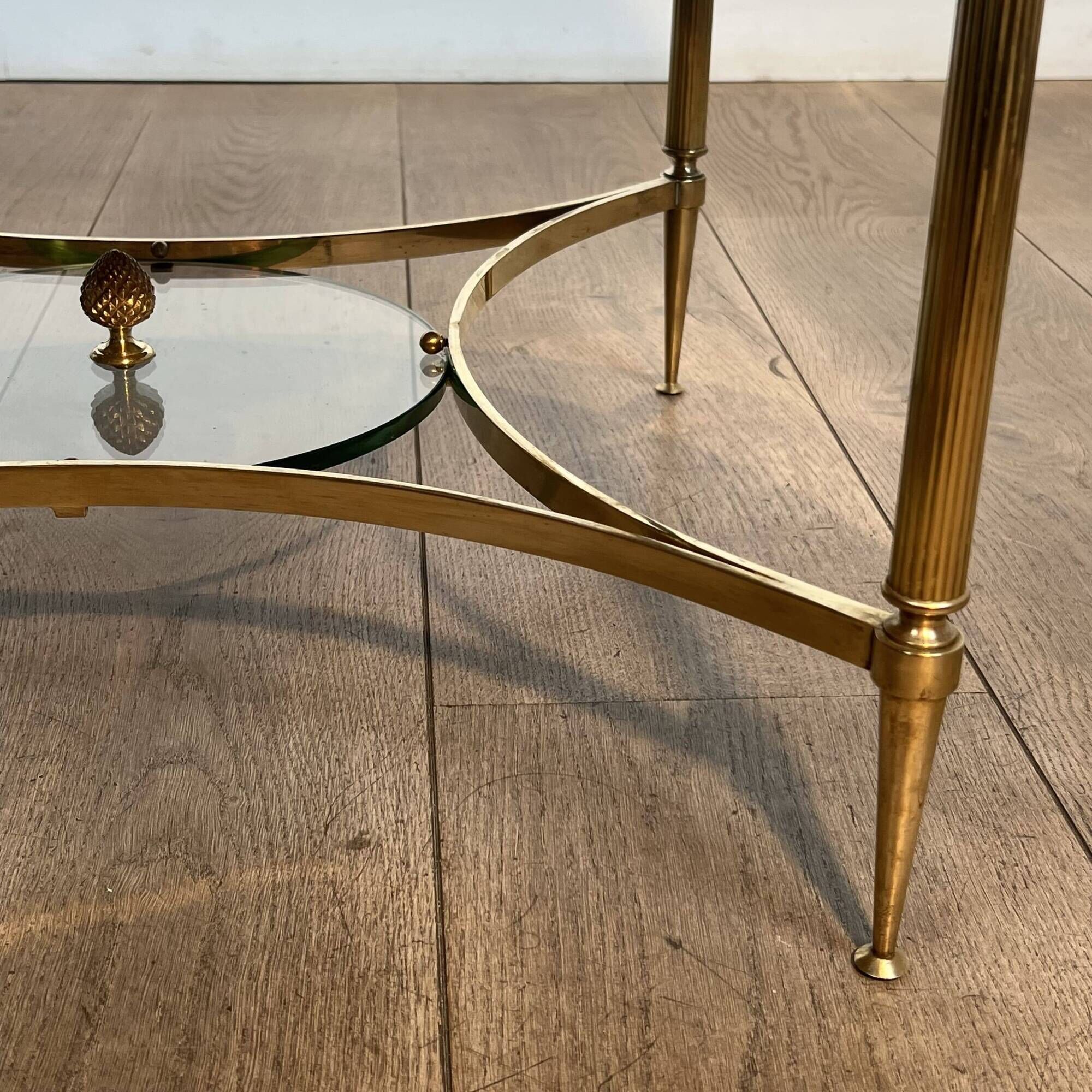 Neoclassical Round Coffee Table in Brass with Beaded Gallery. Marble Top