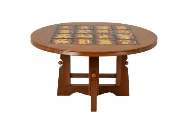 Guillerme and Chambron. Oak and ceramic side table. 1970s-80s.