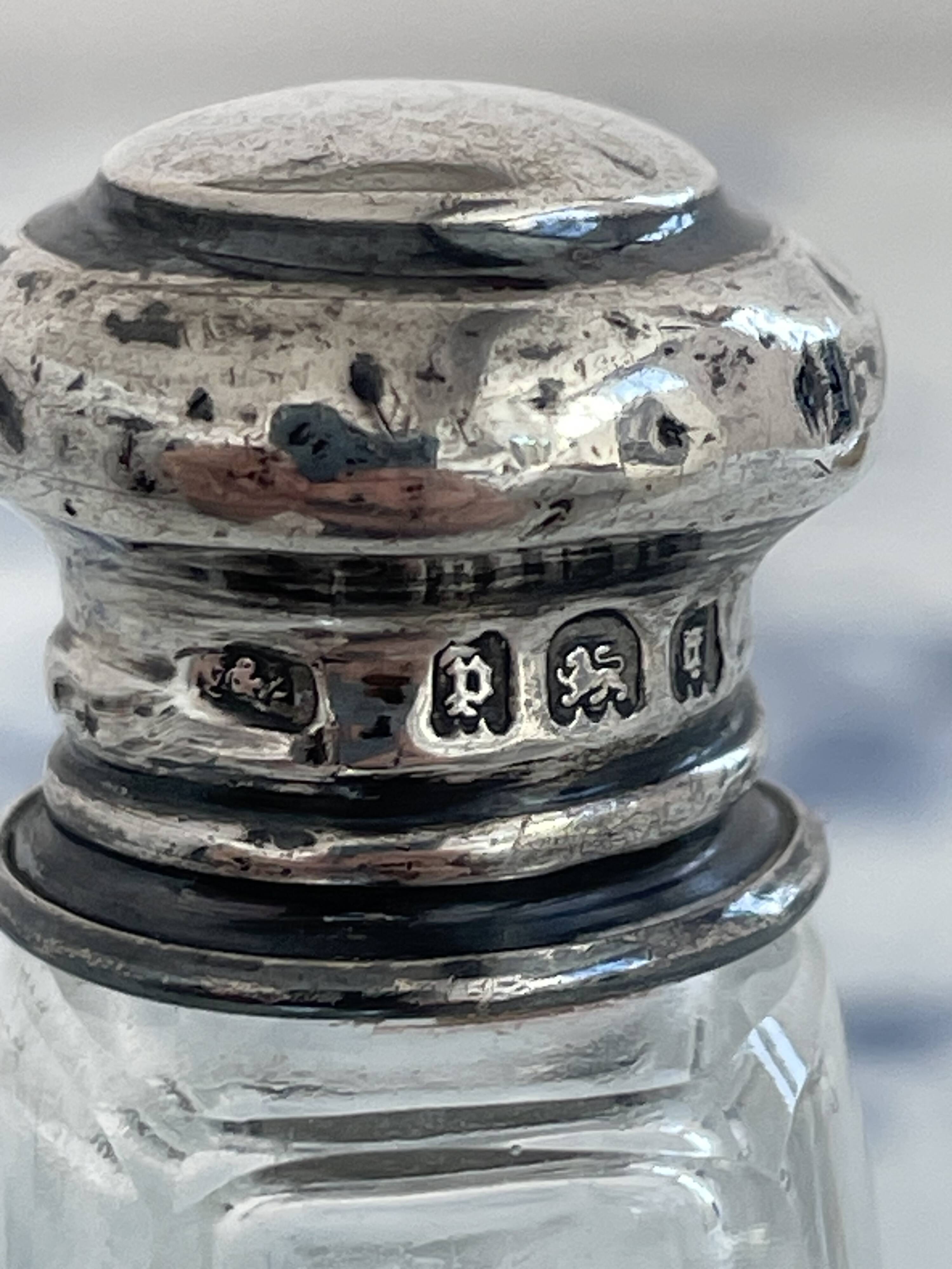 Perfume bottle, salt, silver, engraved glass, 1908, English silver hallmarks