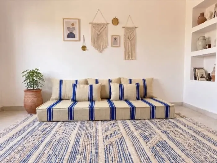 Royal blue striped floor cushion – Hanbel in handwoven ivory wool