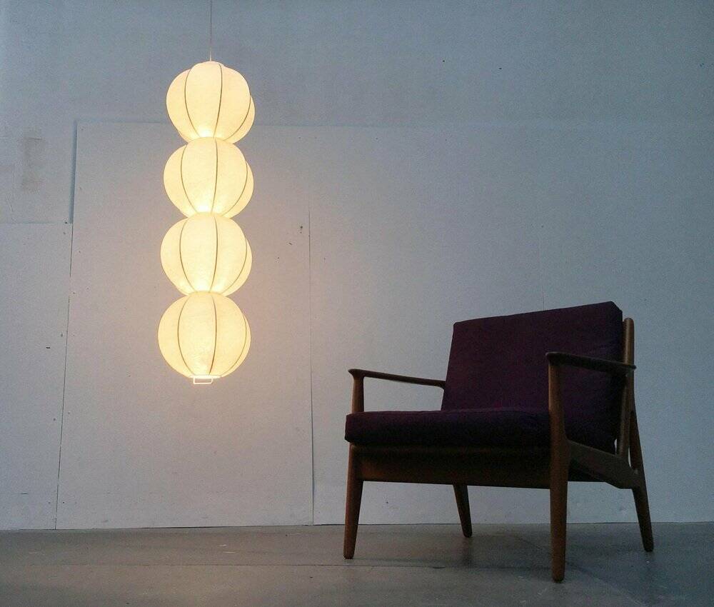 German cocoon pendant lamp from the mid-century by Friedel Wauer for Goldkant Leuchten, 1960s.