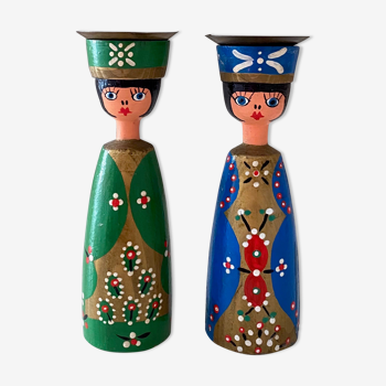 2 bougeoirs vintage DDR figurines en bois, décoration de Noël
