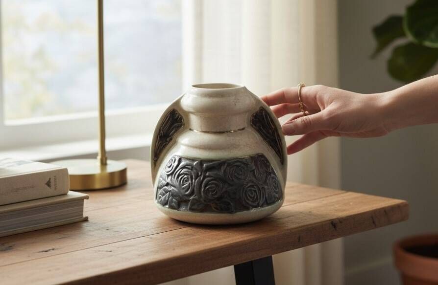 Earthenware ear vase with crackled glaze, Art Deco - Black roses
