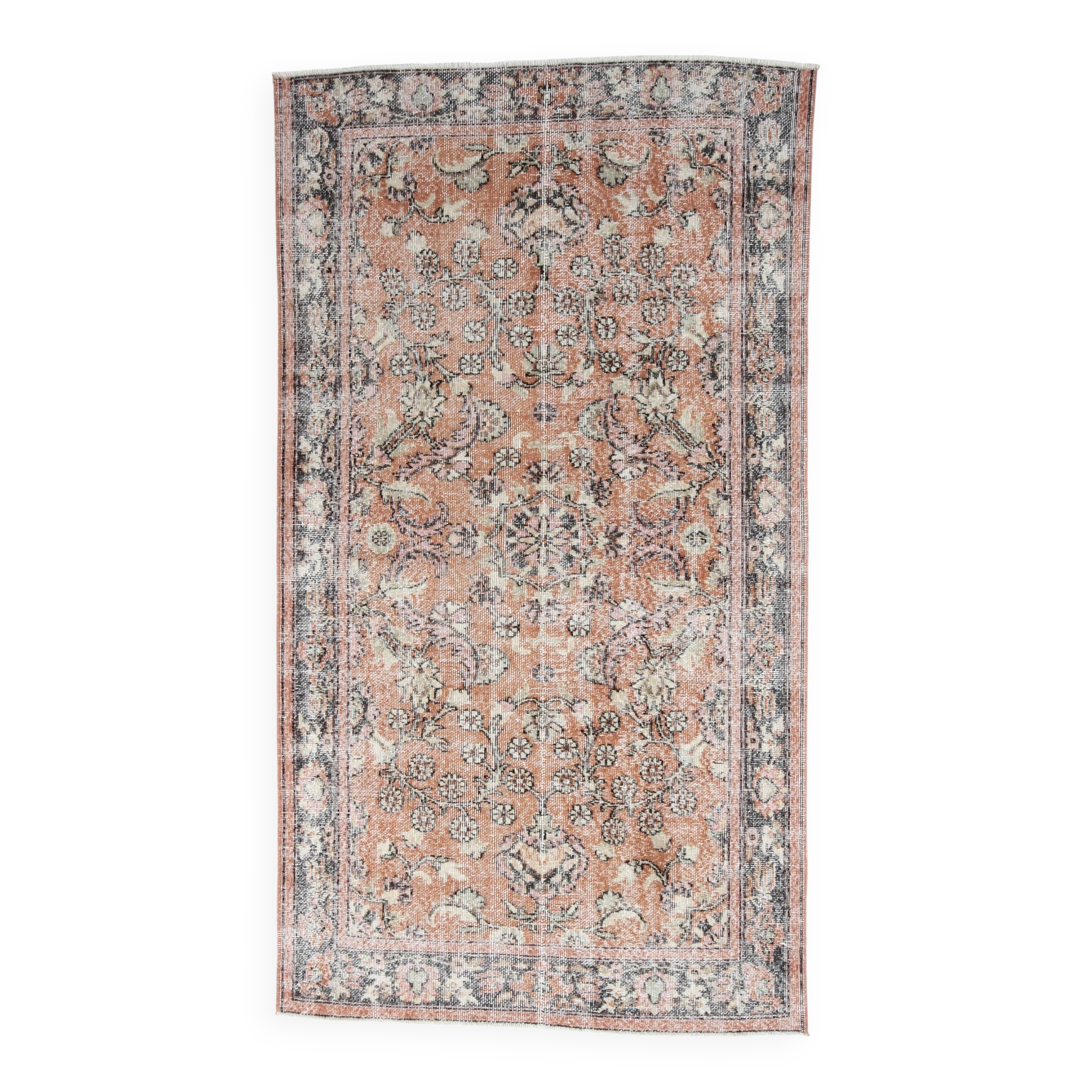 4x7 Antique Brunt Orange Brown Turkish Vintage Rug, 113x202Cm