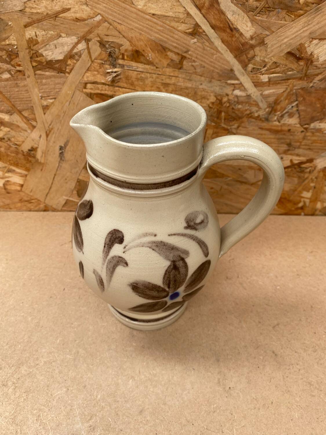 Old pitcher betschsorf stoneware beige deco flowers brown blue vintage