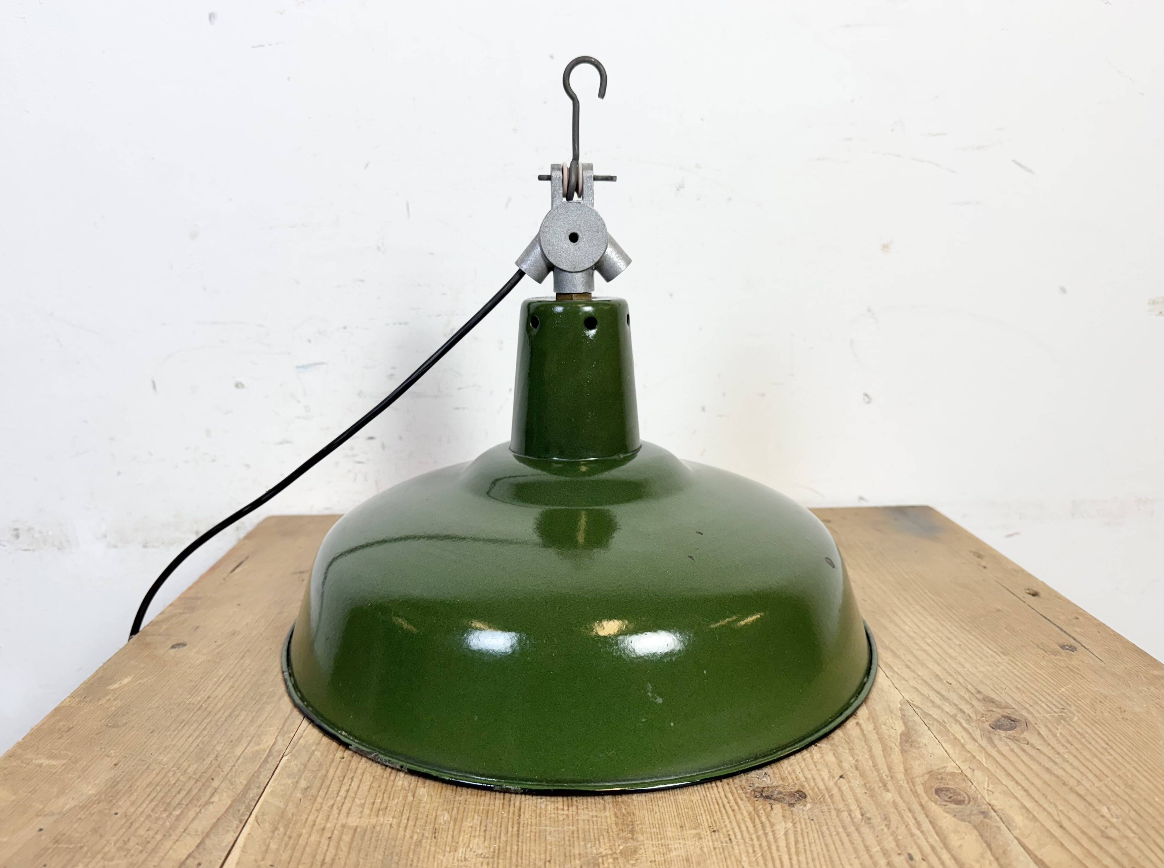 Industrial French Green Enamel Factory Pendant Lamp, 1960s