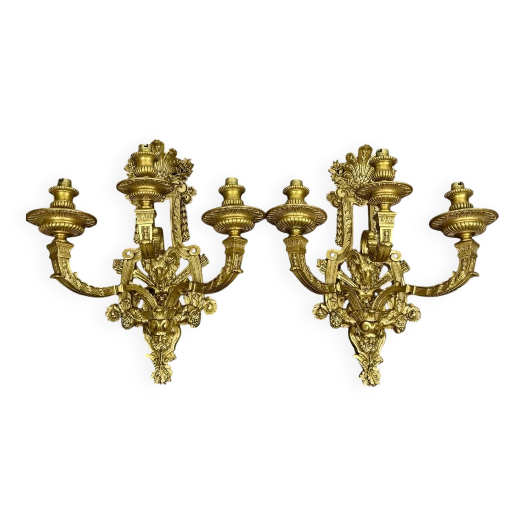 A pair of important gilt bronze wall sconces, Louis XVI style, 19th century.
