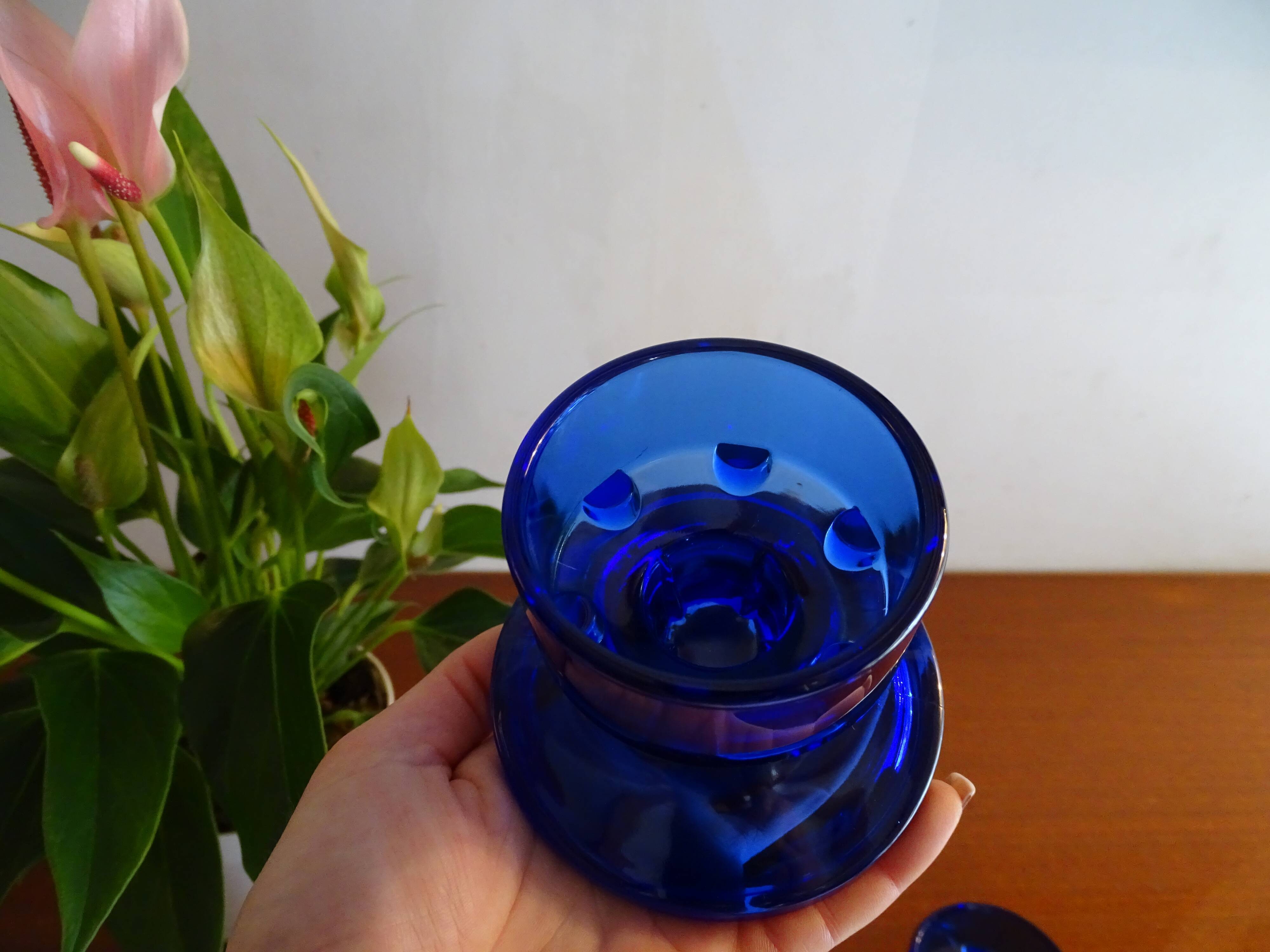 Pair of cobalt blue molded glass candle holders