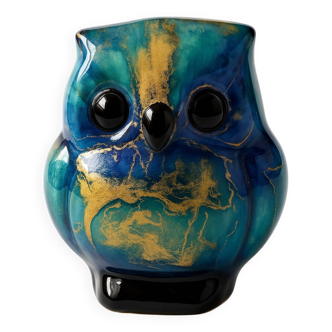 Chouette décorative bleue et dorée – style émaillé artisanal