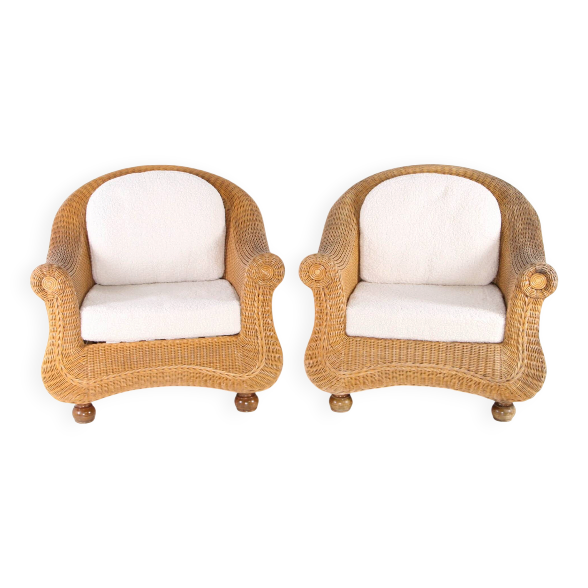 Pair of woven wicker armchairs
