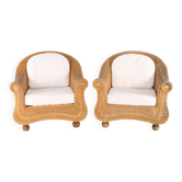Pair of woven wicker armchairs