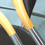 Series of 6 danish armchairs in stainless steel and wood, dark brown leather seats from the 1990s